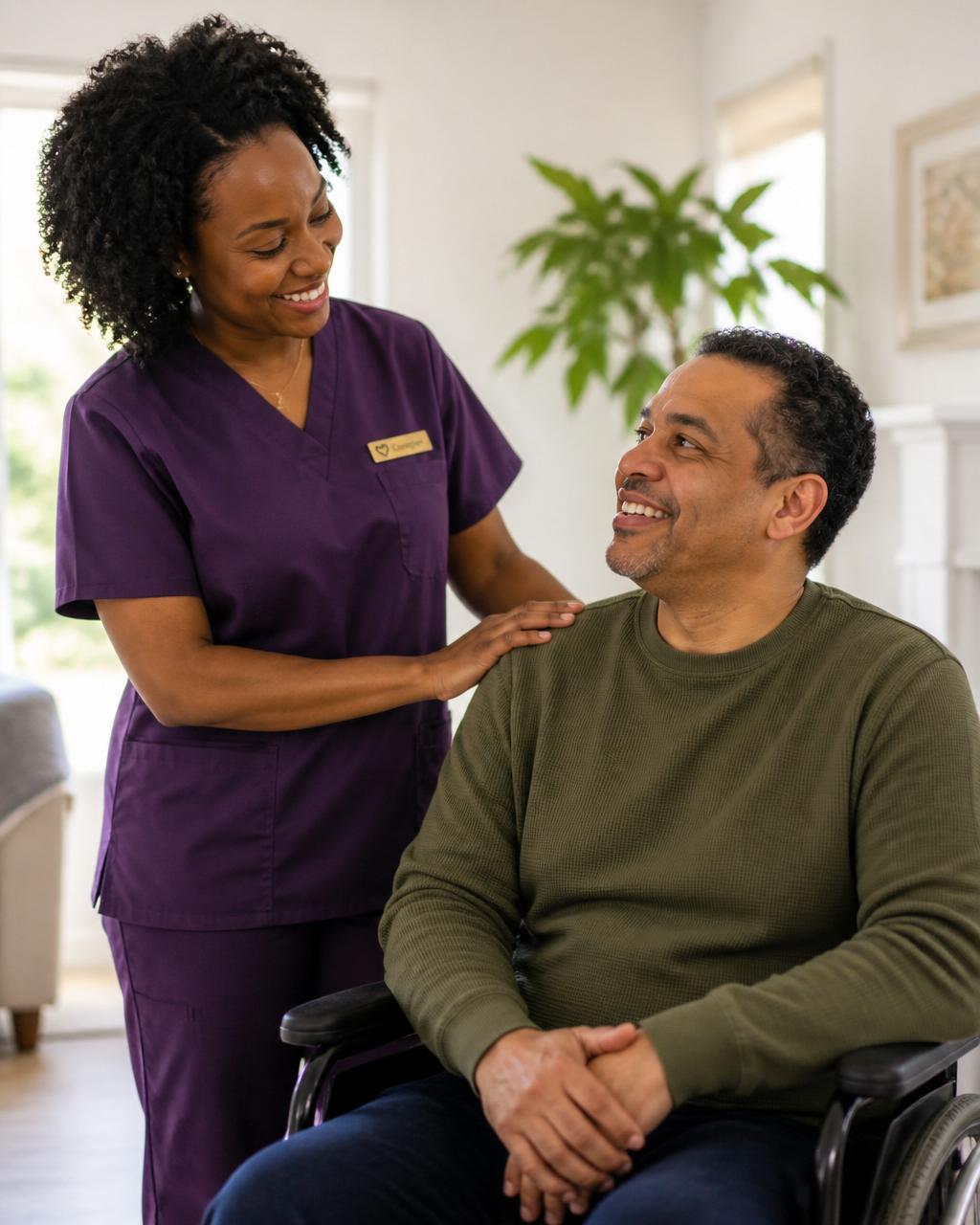 A DSP smiling with an individual in a bright home